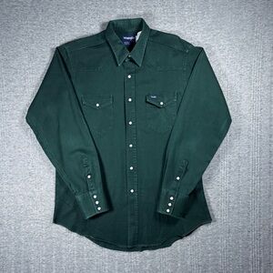 Vintage Wrangler Brushpopper Pearl Snap Shirt Green Canvas Men’s XL USA 90s